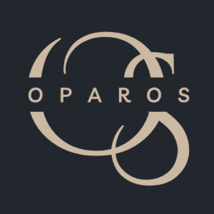 Oparos Logo Black background with Brown letters